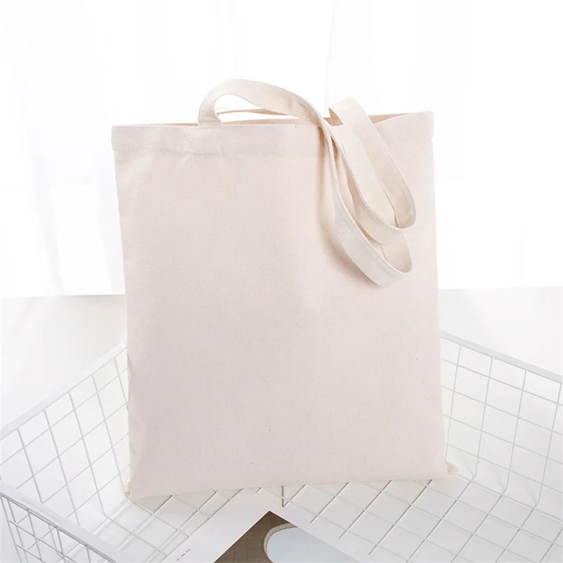 Large Capacity Canvas Shoulder Handbag Folding Eco-Friendly Cotton Tote Bags Reusable Diy Shoulder Bag Grocery Bag Beige White