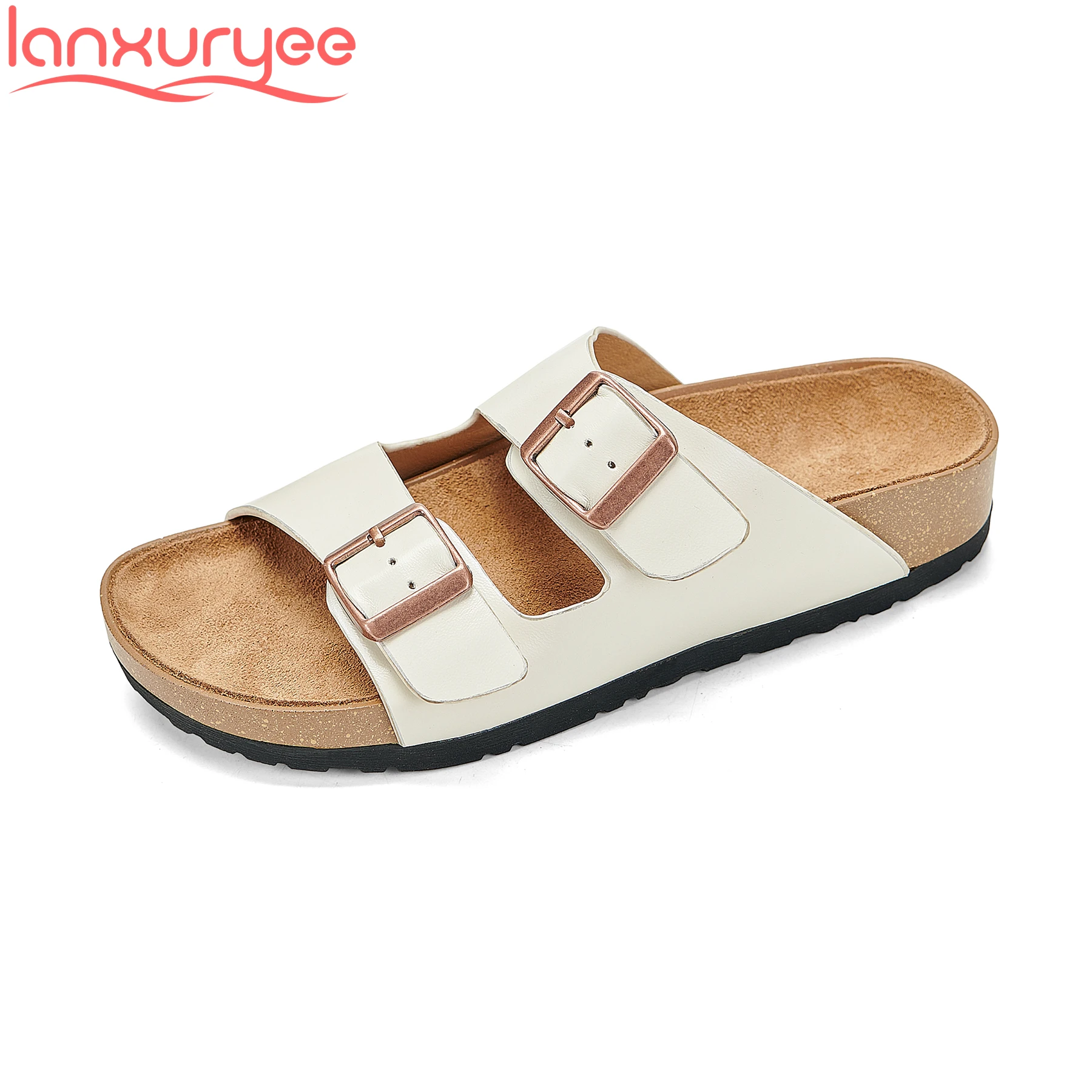 

Lanxuryee 2024 Cow Leather Flat With Mules Slingback Leisure Brand Summer Shoes Peep Toe Platform Comfort Women Outside Slippers