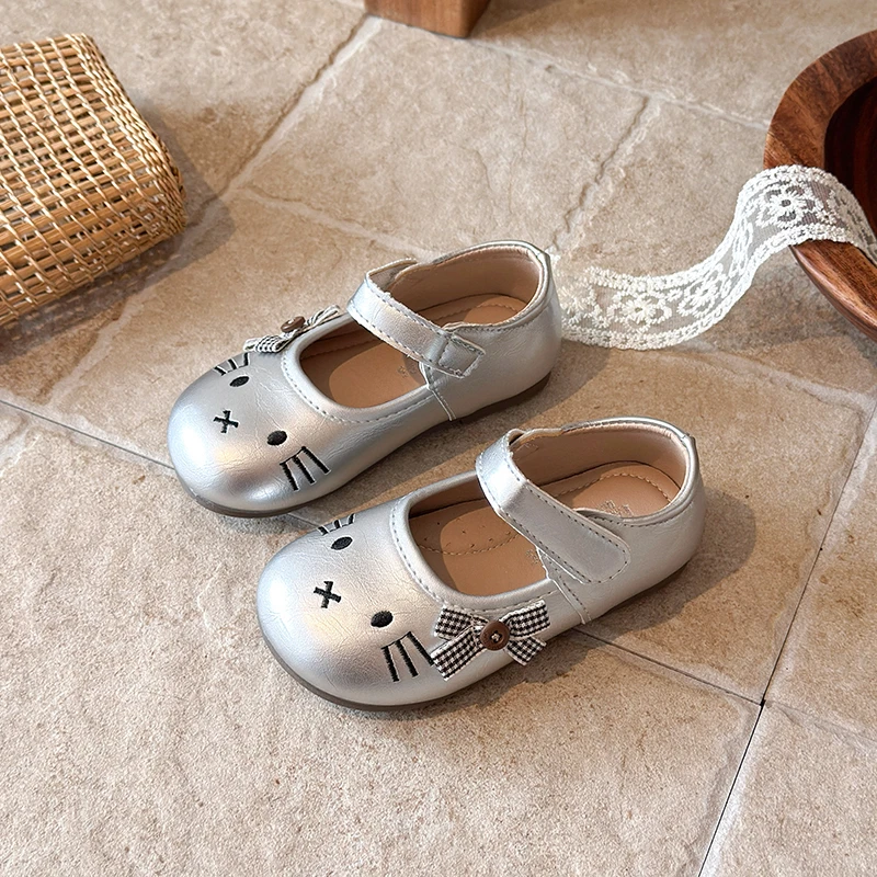 Little Girls Cartoon Cat Embroidery Mary Jane Shoes, Plaid Bow Hook‑and‑Loop Soft Flat Casual Shoes
