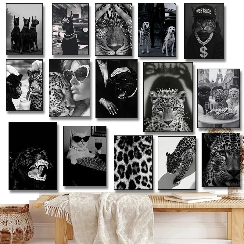 Luxury Doberman Tiger Leopard Panther with Diamond Poster Print Canvas Painting Wall Art Luxury Fashion Living Room Home Deco