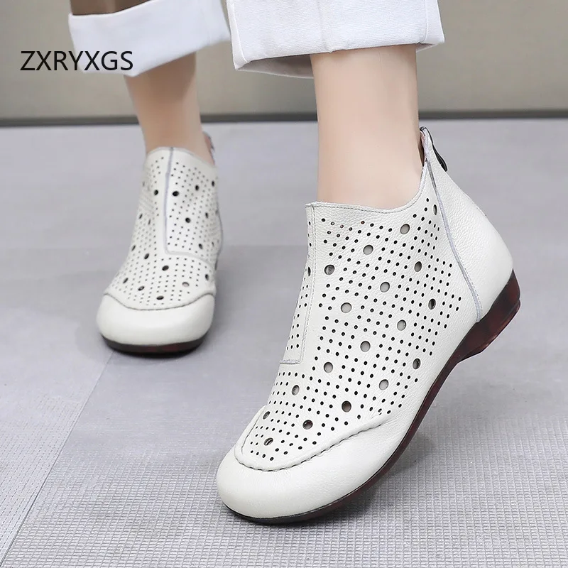 

ZXRYXGS 2026 New Summer Top Soft Full Real Leather Boots Hollow Breathable Cool Boots Flat Soft Sole Big Size Women Trendy Boots