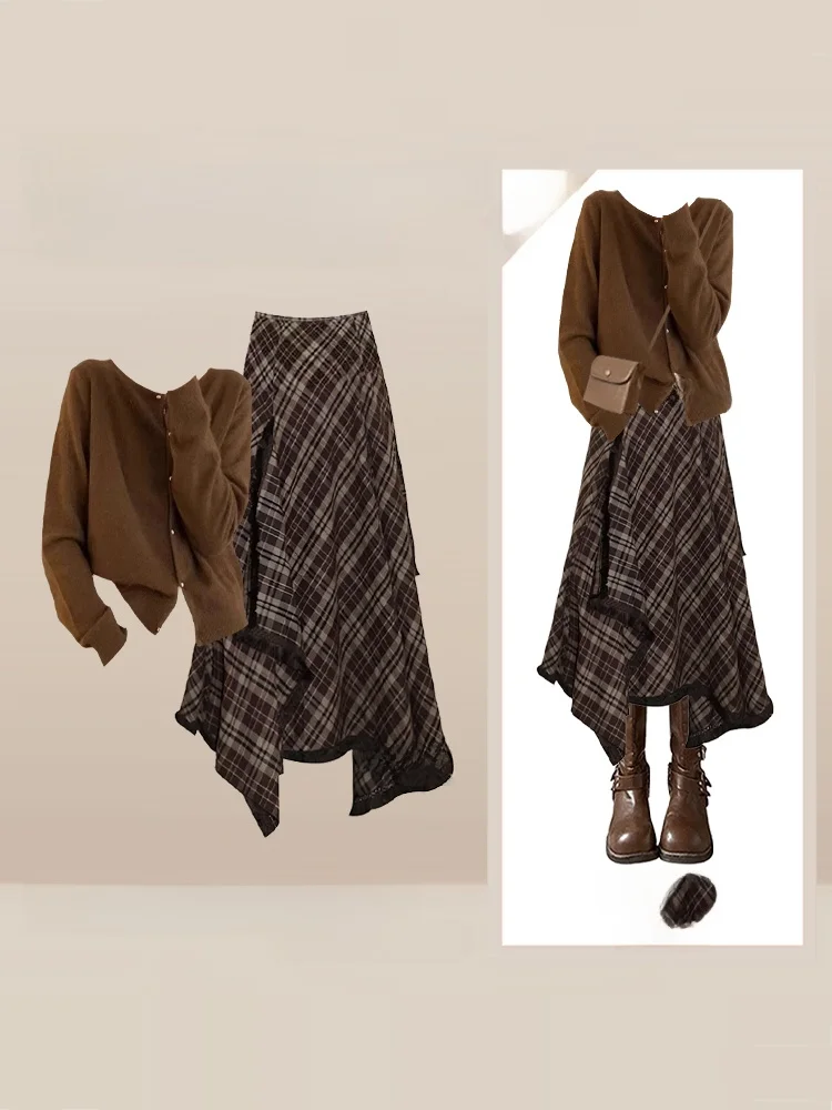 Weiche gemütliche Strickpullover Strickjacke Herbst Winter faul kariert A-Linie langer Rock zweiteiliges Set Damen Faion Loose Sle Kleidung