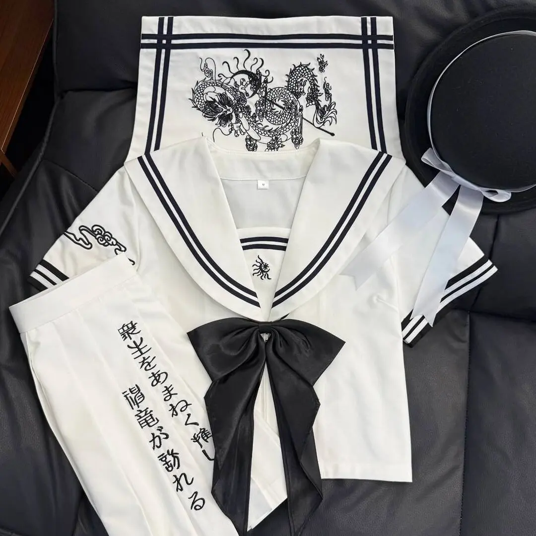 White Black Dragon Embroidery JK Uniform High School Girl Japanese Seifuku New Sailor Clothes Women Sailor Suit Korean Student
