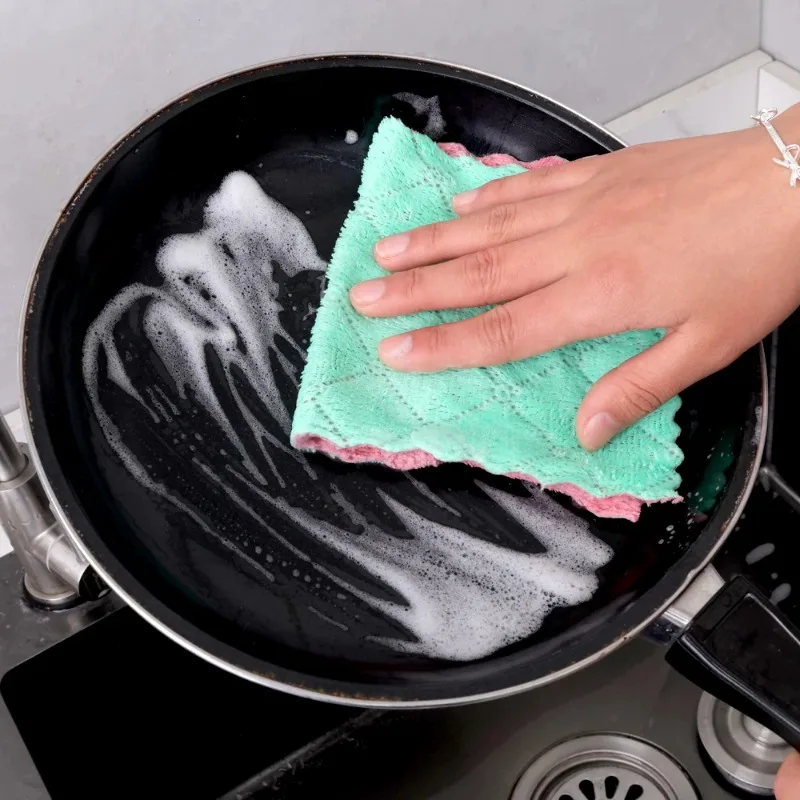 Coral Fleece Dishcloths Double-sided  Microfiber Towels Super Absorbent Cleaning Cloths Household Non-stick Oil Scouring Rags