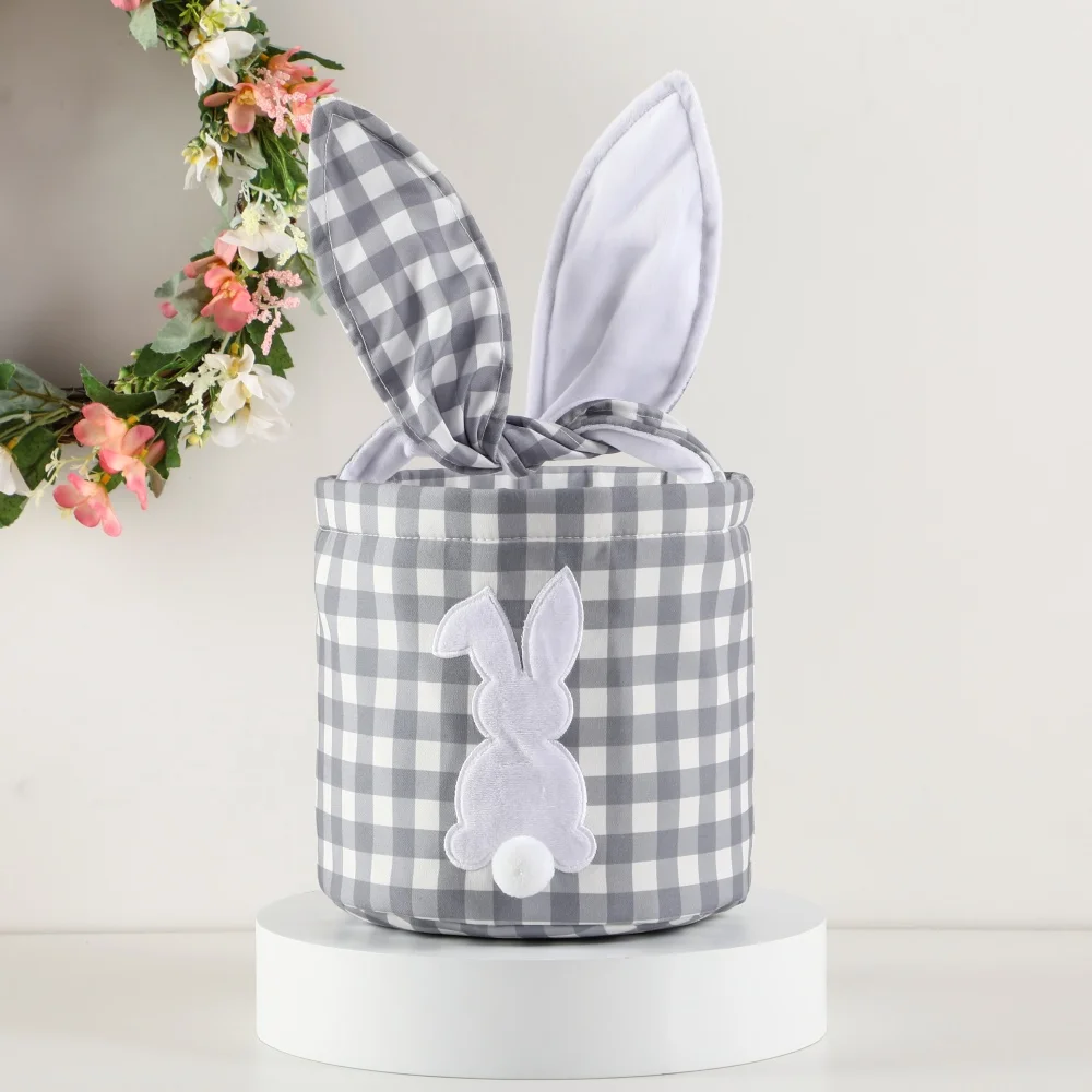 Karierter Osterkorb mit verstellbaren Hasenohren und weißer Hasenapplikation, niedliche Süßigkeiten-Geschenktüte für Kinder, Eierjäten, Frühlingsfeier – Detail 3