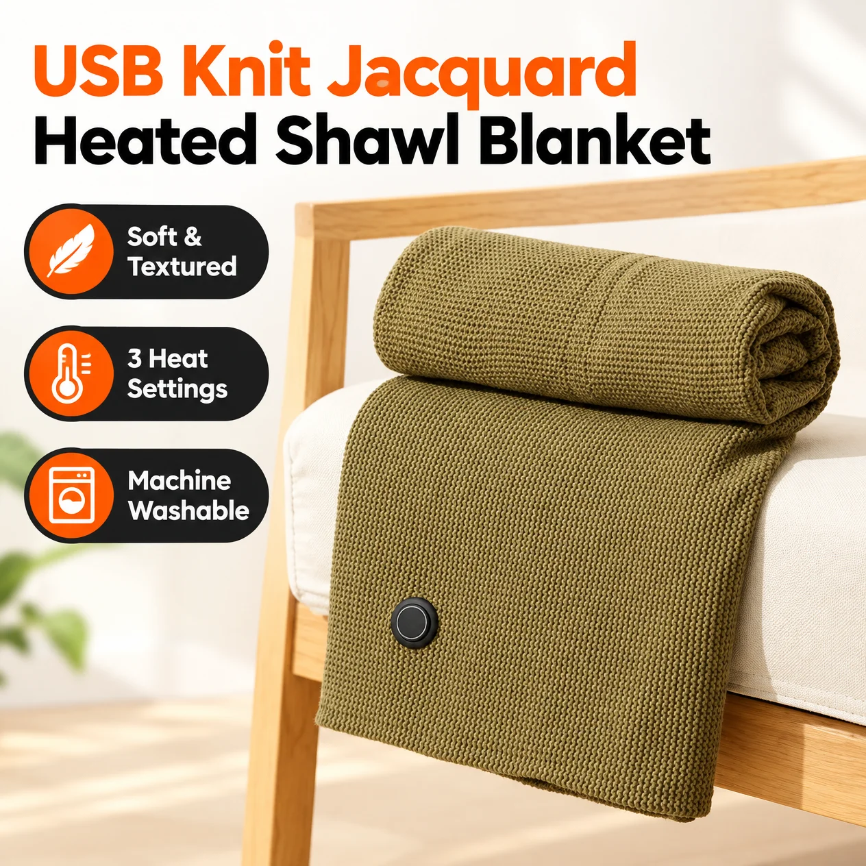 Knitted jacquard electric blanket shawl, USB heated with smart three-level temperature control, machine washable