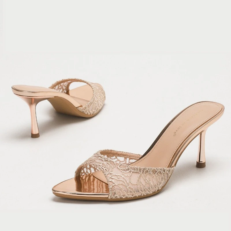 

2026 Summer Champagne Gold Lace Mesh Slide Sandals Women Pointed Toe Thin Heel Mules for Wedding Party and Date Night