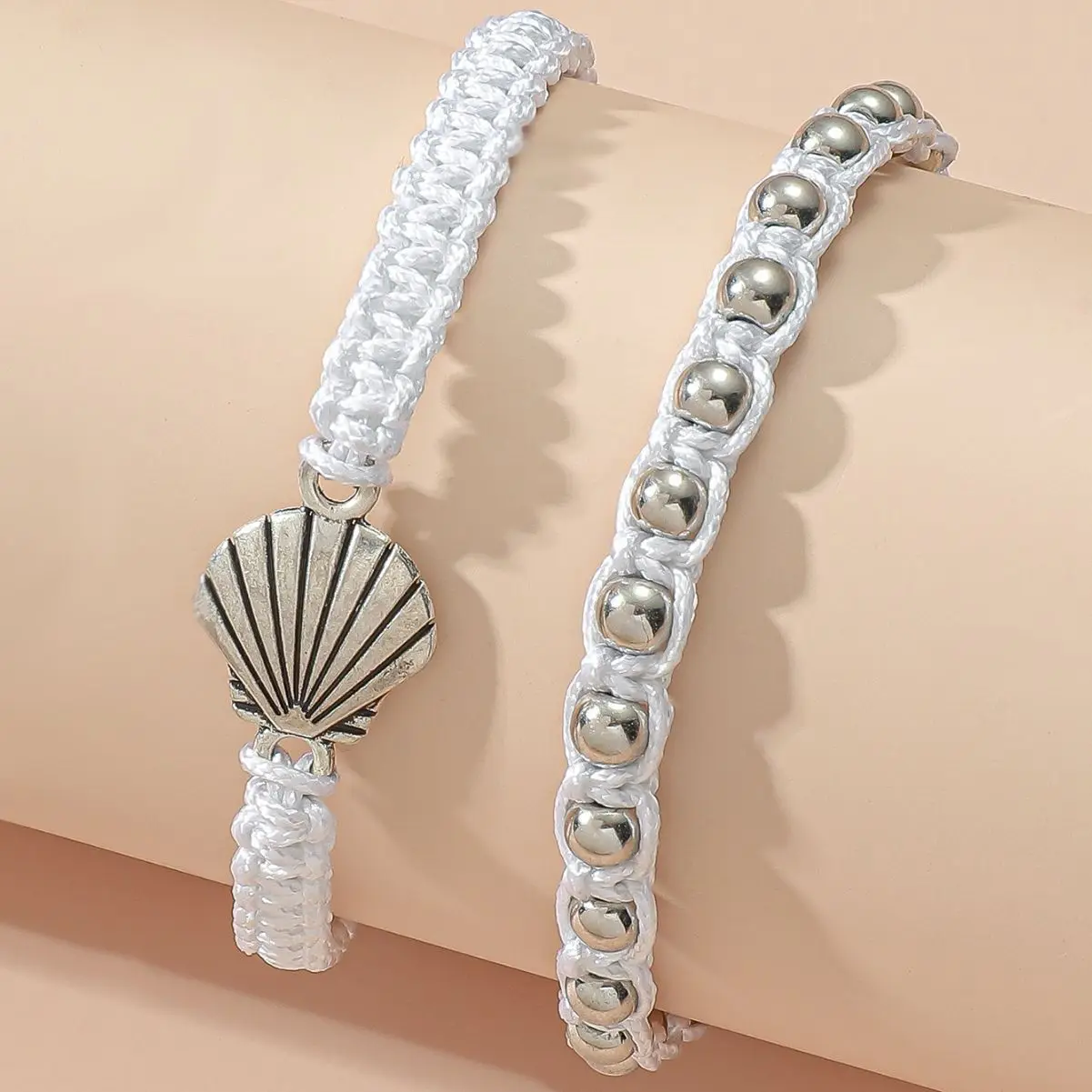 2Pcs/Set Bohemian Hand-woven Alloy Metal Shell Pendant Couple Bracelets for Women Unique Valentine's Day Jewelry Gift Set