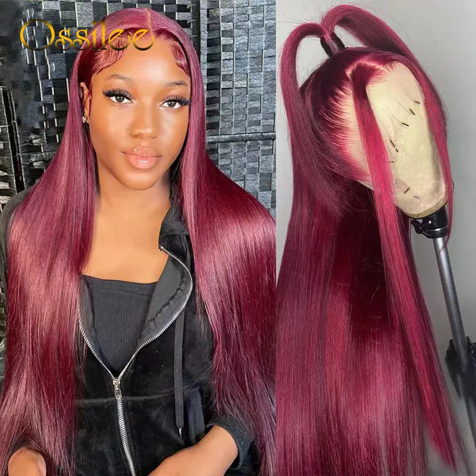 Ossilee-Perruque Lace Front Wig naturelle lisse bordeaux, 13x4, 13x6, pre-plucked, HD, transparente