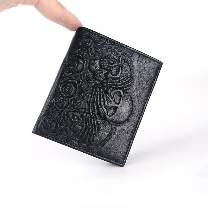 Fashion Cool Genuine Leather Punk Gothic Skull Cross Clutch Purse Wallets With Chain For Women Men Card Holder Bag Coin Purse Mo