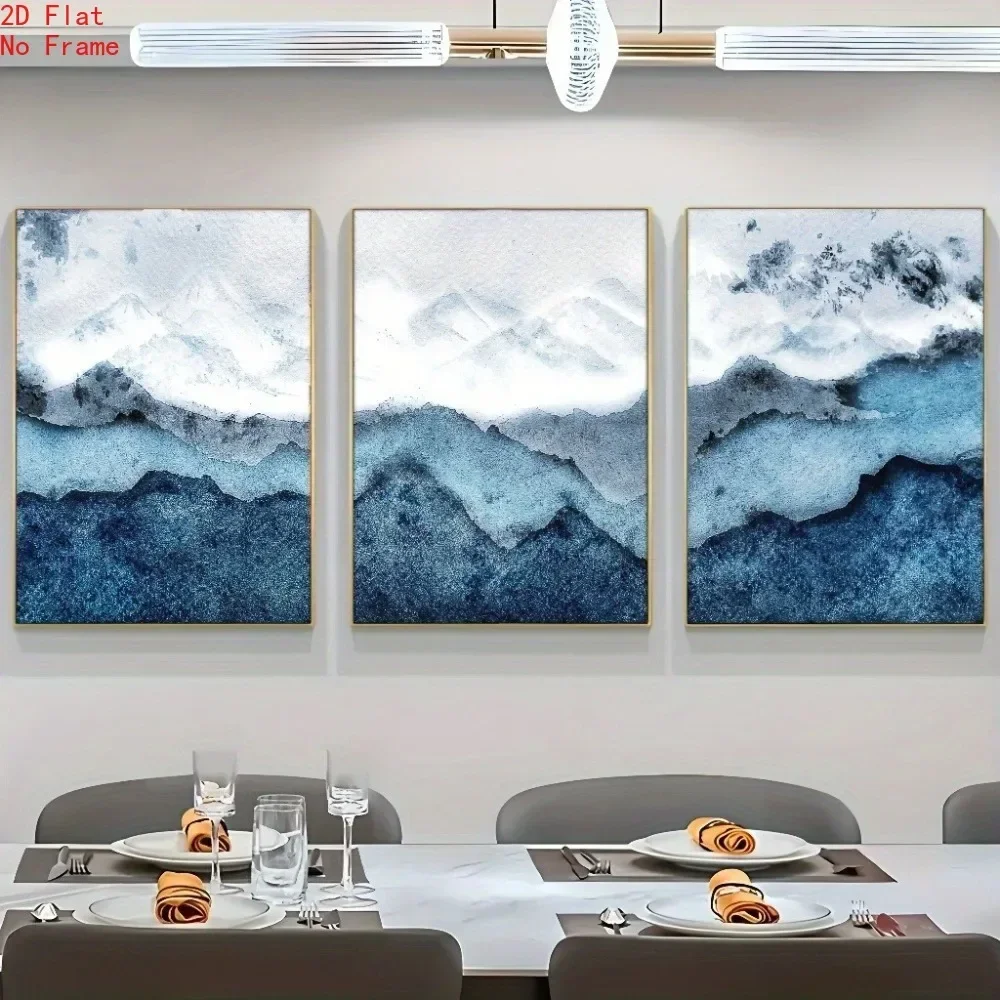 2D Flat, 2D Flat, 2D Plane 3pcs Set, Elegant Home Visual Feast Abstract Navy Blue Watercolor Wave Snow Art Painting, Yunshan
