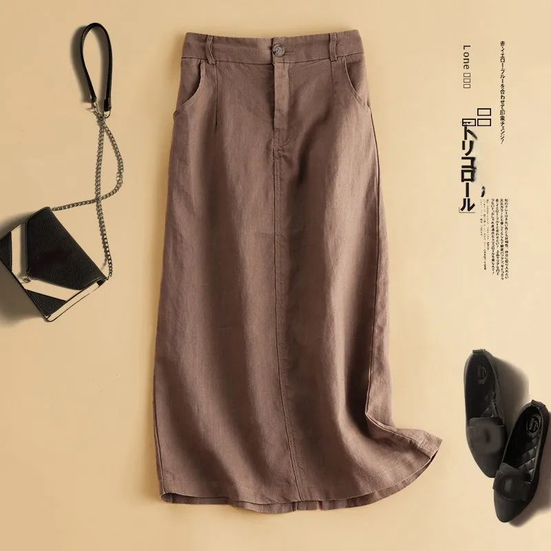 

Ретро-юбка А-силуэта из хлопка и льна для женщин, летняя, свободная, прямого кроя, с разрезом, повседневная, с высокой талией, миди, однотонная, универсальная