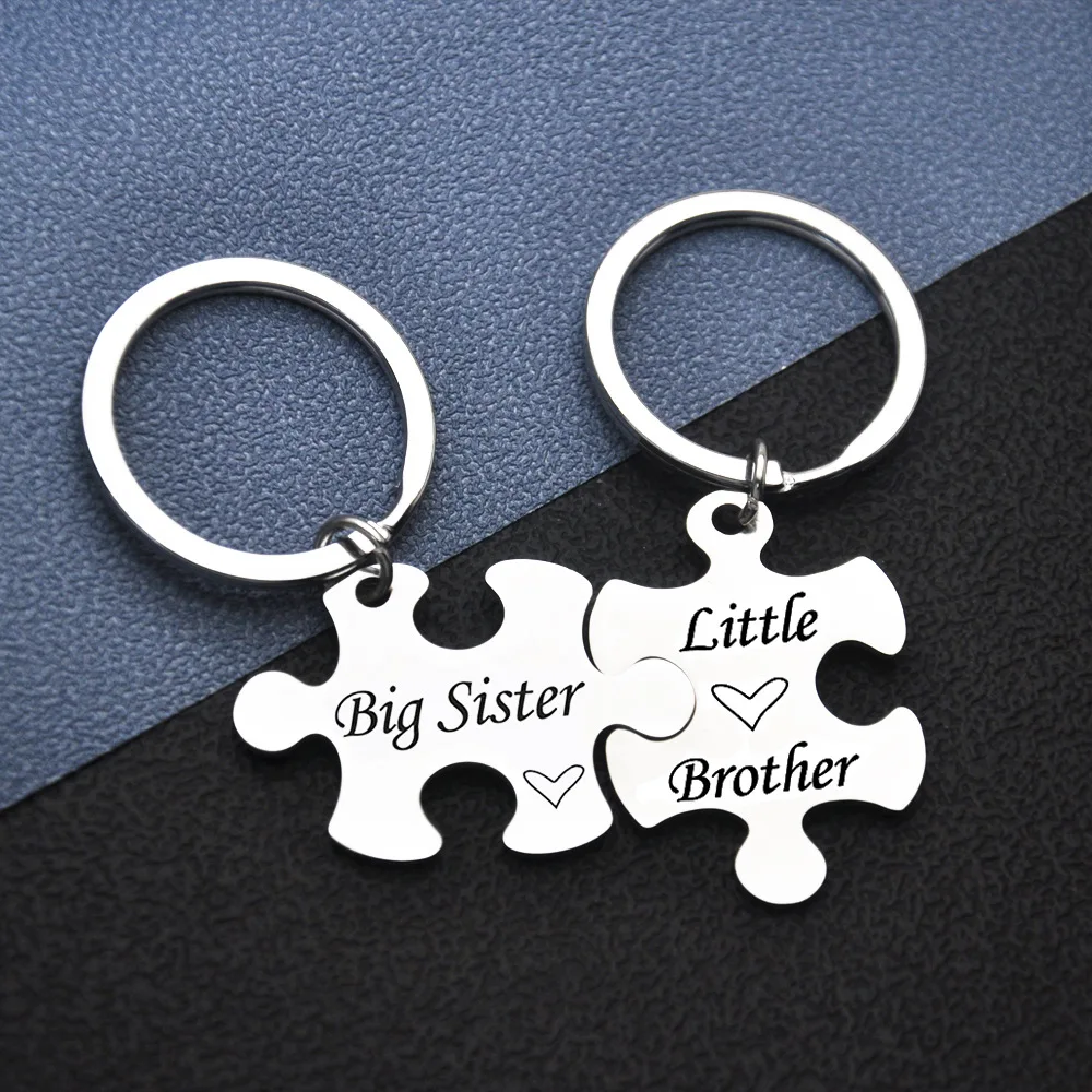 2PCs Brother Sister Keychain Pendant Metal Family Sibling Puzzle Key Chains Keyrings Big Sister Little Brother