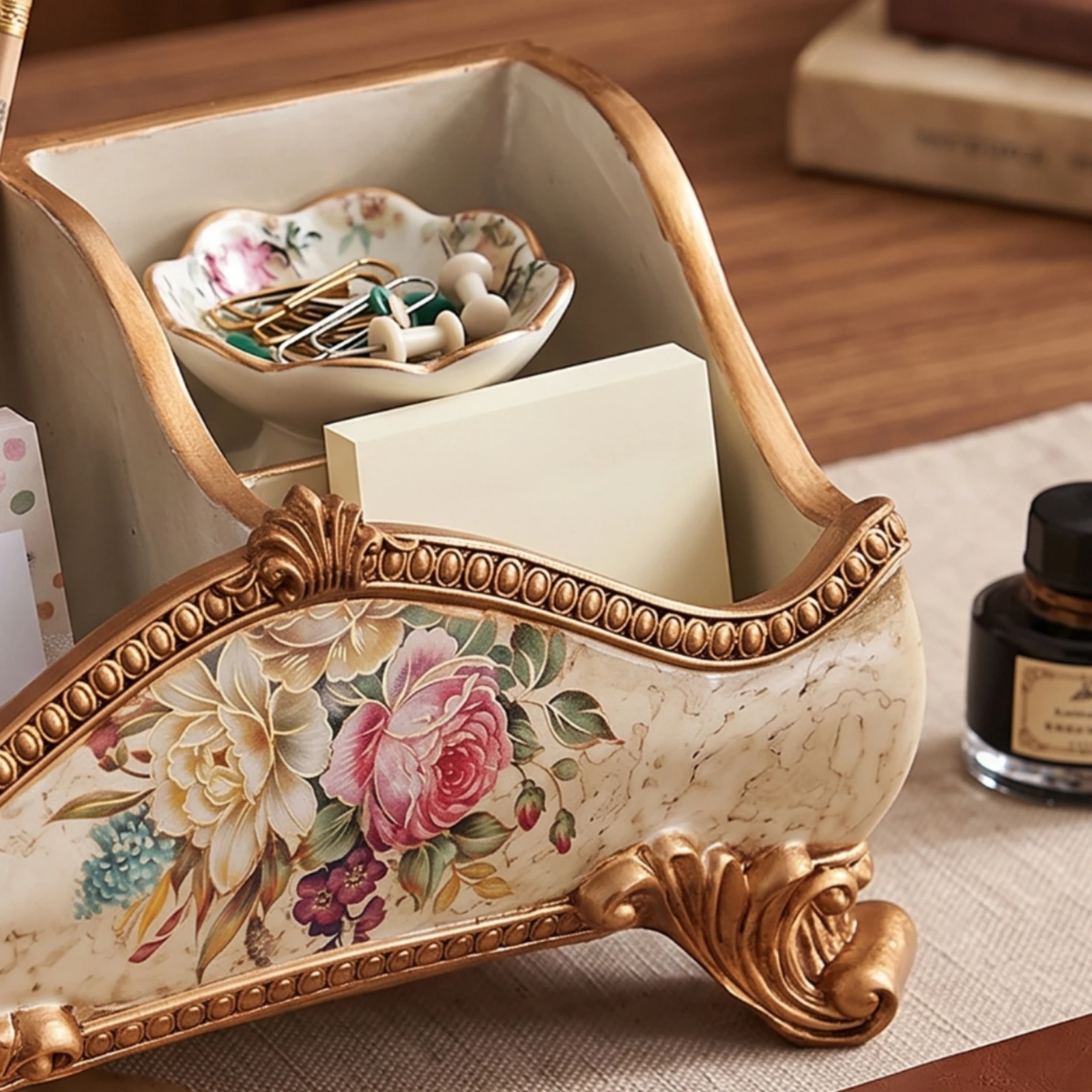 Tabletop Storage Box Vintage-Style Desktop Organizer Storage Box with Compartments Cream-Colored Organized for Vanity
