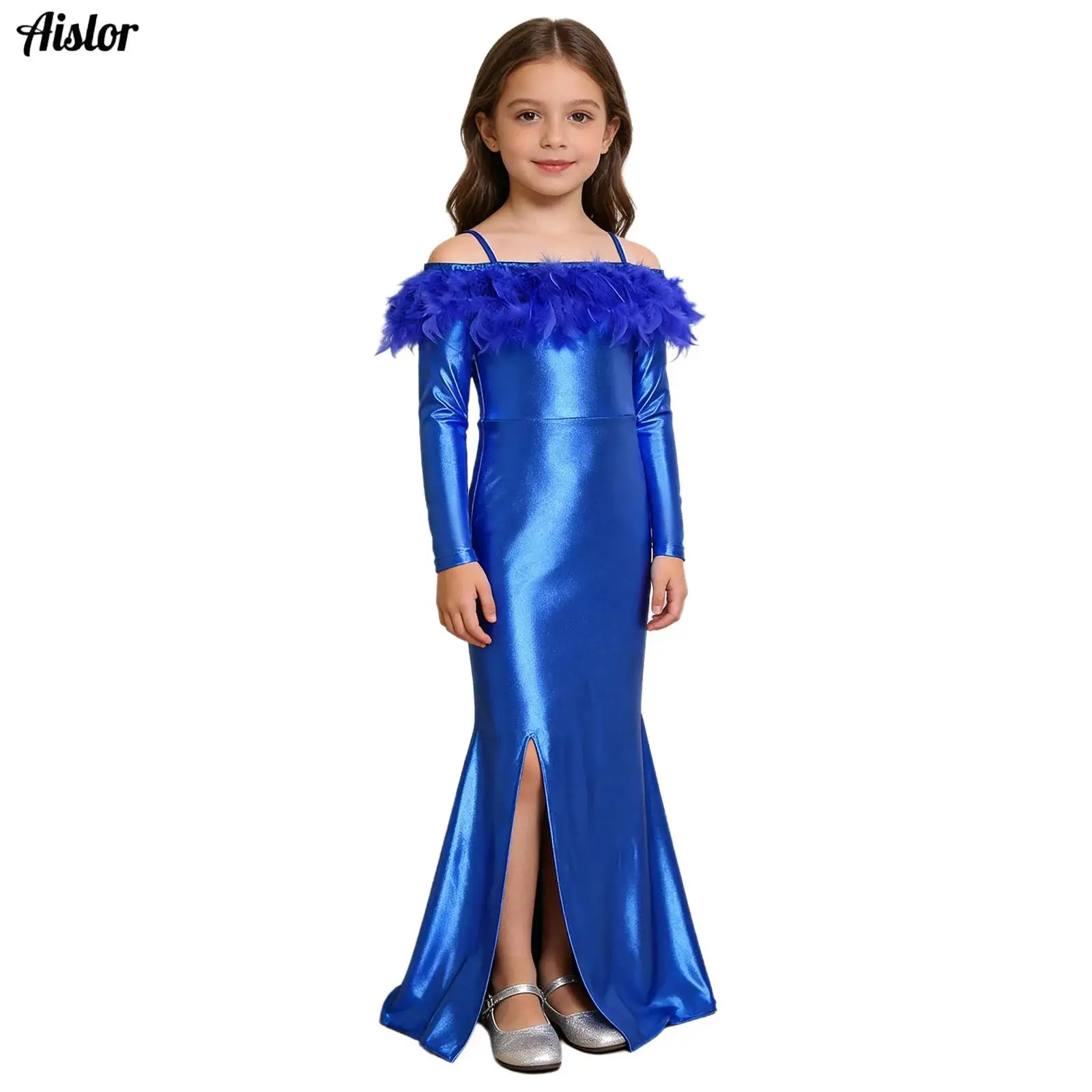 

Kids Girls Pageant Gown Off Shoulder Feather Trim Mermaid Dress Long Sleeve Slit Hem Metallic Shiny Maxi Dress for Formal Party