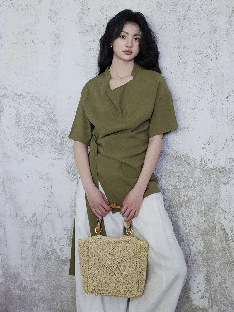 

Женская летняя блузка с воротником-стойкой, свободного кроя, в стиле ретро, для повседневной носки