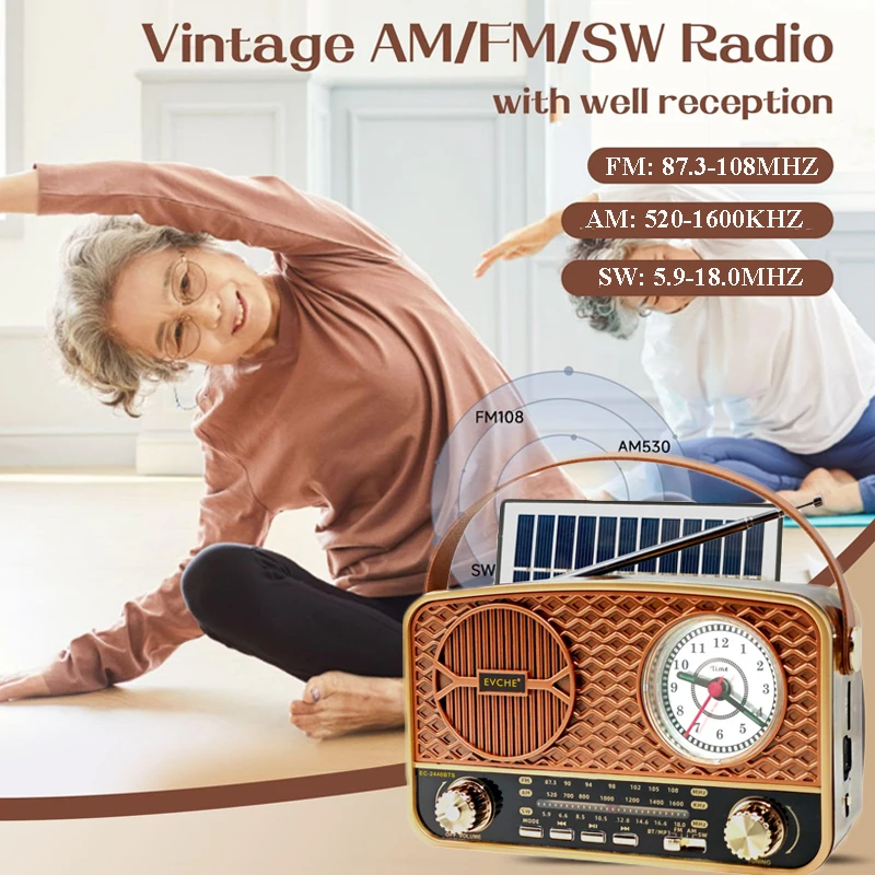 Portable Classic Vintage Radio Retro Pointer Clock FM AM SW Radios Solar Emergency Radio Bletooth Speaker TF USB Music Player