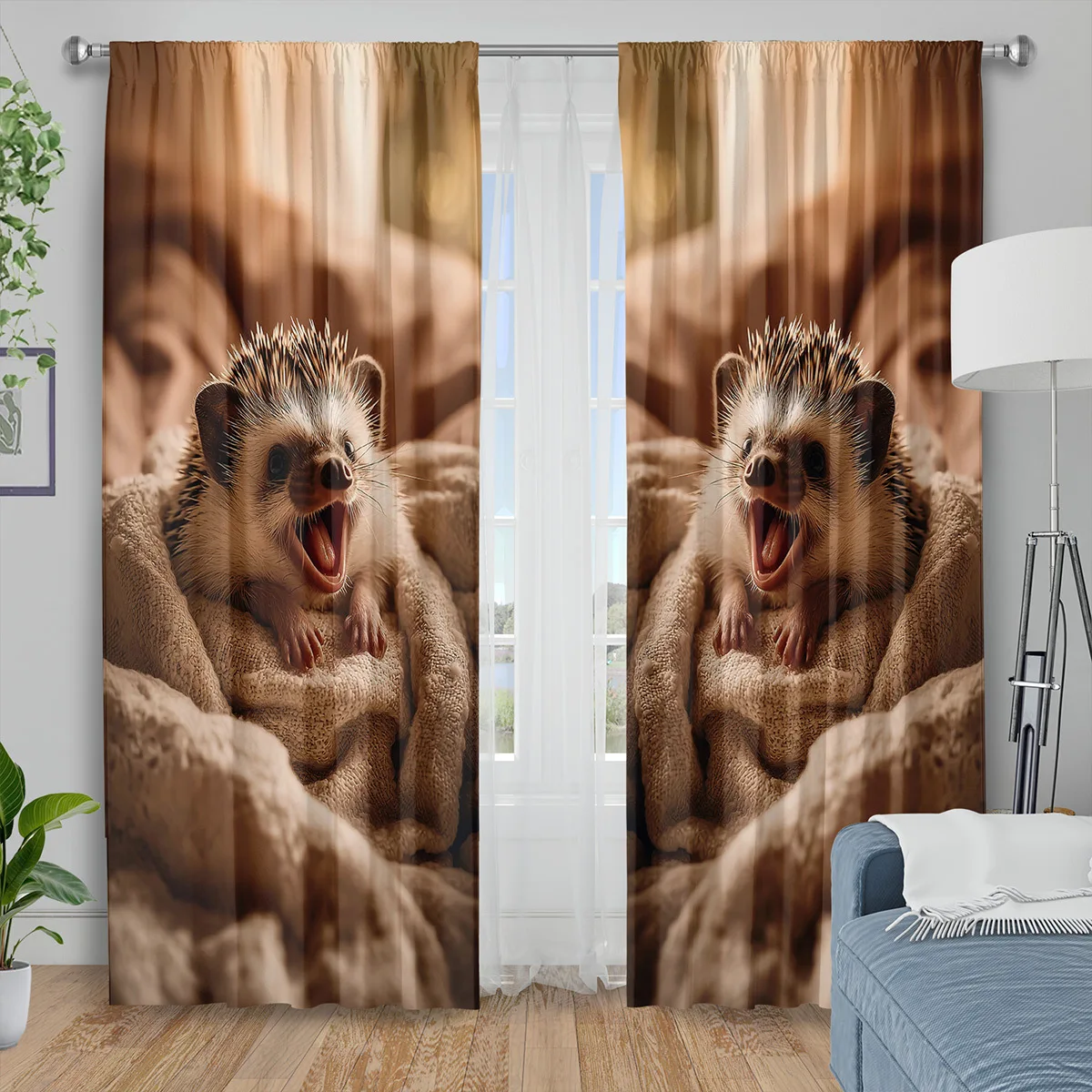 Funny Yawning Hedgehog Curtains, Cute Animal Wrapped in Blanket Print Blackout Drapes for Bedroom, Cozy Home Decor