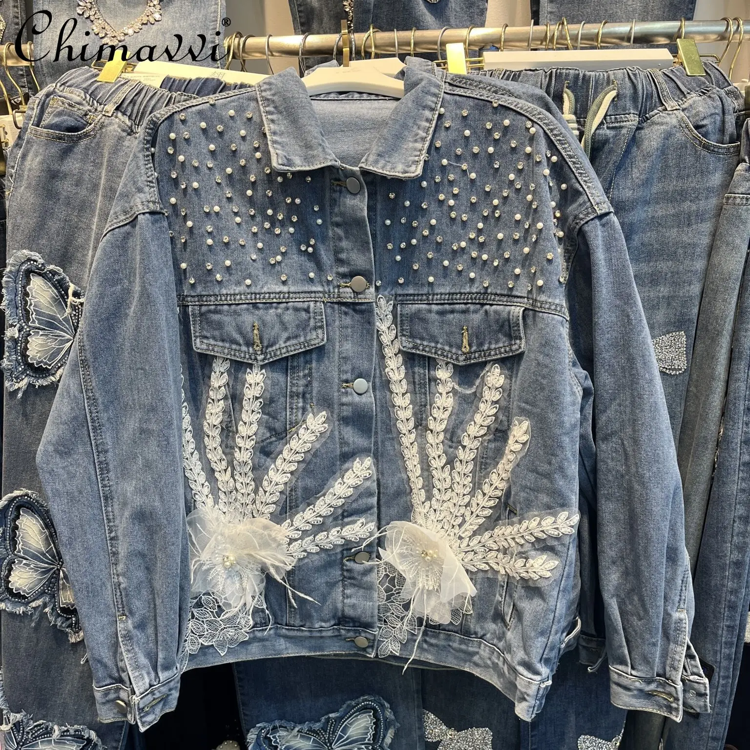 

2026 Spring New European Style Women's Streetwear Denim Long Sleeve Jacket Loose Fashion Heavy Beading Versatile Jean Coats