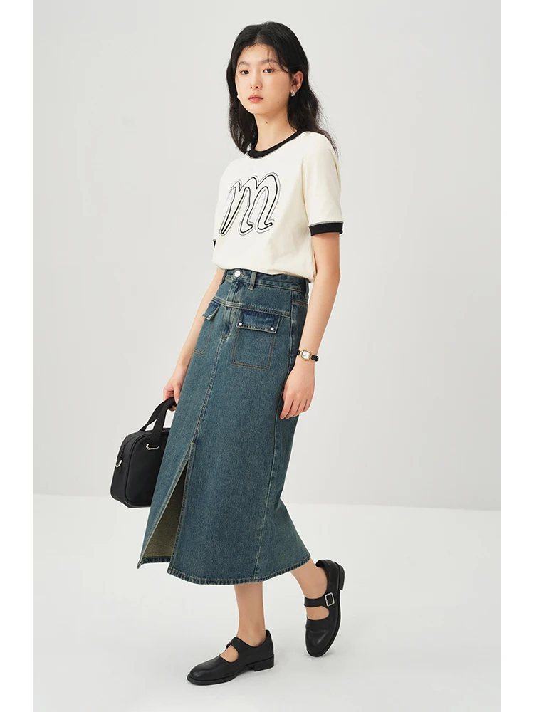 ZIQIAO Vintage Washed Pure Cotton Denim Skirt for Women 2024 Spring Chic Design High Waist Straight Slit Skirt Female 24ZQ91064