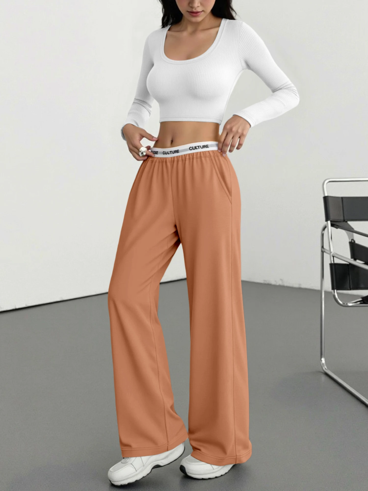

Y2K Streetwear 2Pcs Outfit U-Neck Long Sleeve Crop Top & Loose Trousers Sportswear for Women