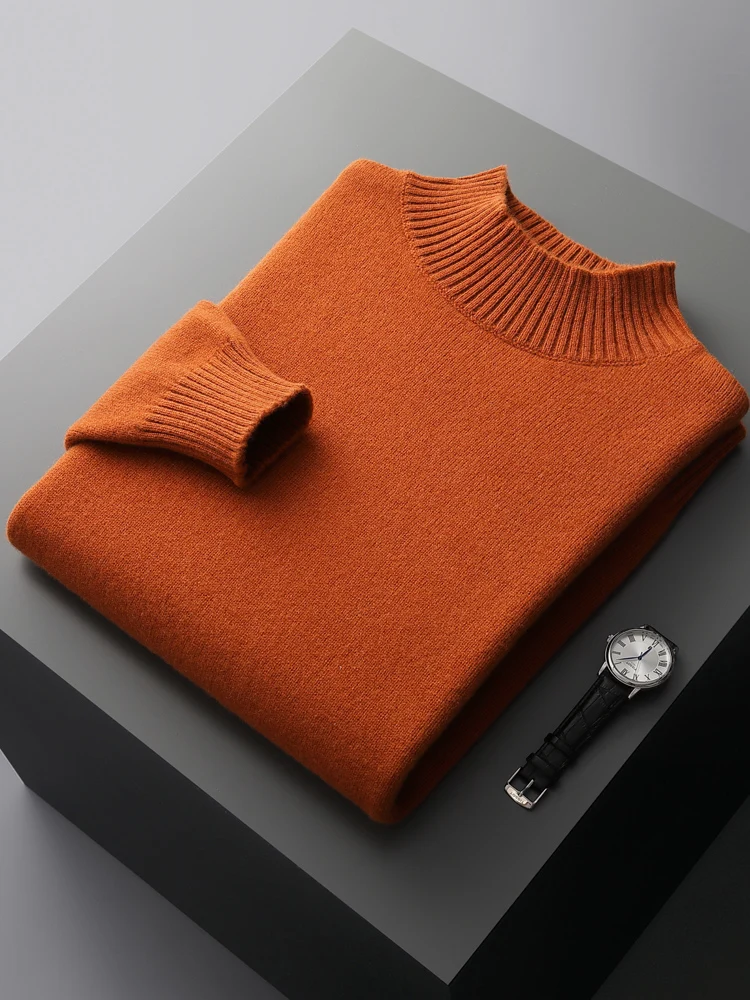 

New 100% Merino Wool Men's Sweater Half High Collar Knitted Pullover Autumn and Winter Thickened Cashmere Clothing Basic Tops