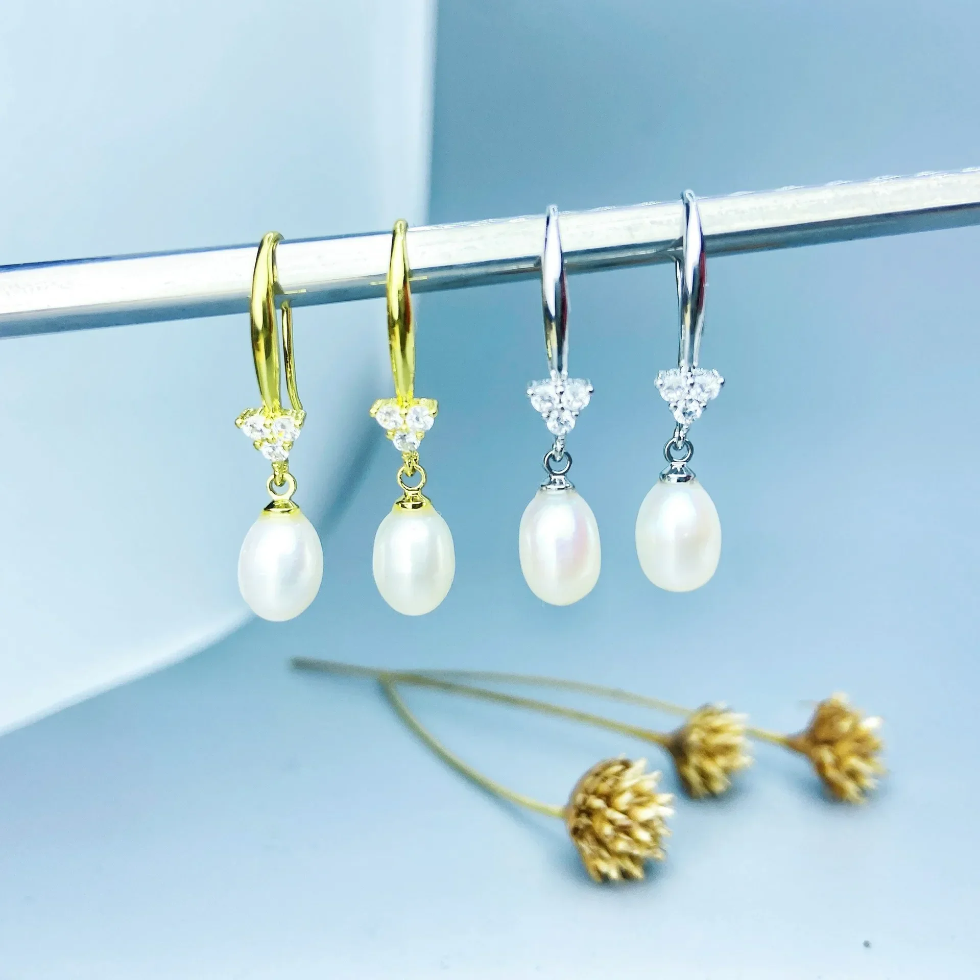 HENGSHENG 7-8mm Rice Shape Freshwater Pearl Earrings Shine Zircon Dangle Earrings for Women Jewelry Gift 2025 New Arrivals