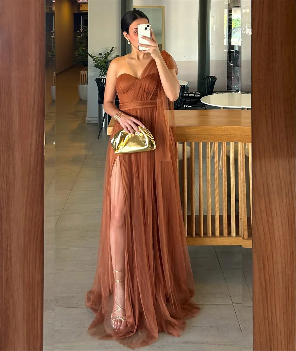 

One-Shoulder Side High Slit Formal 2025 Evening Dress Draped A-line Tulle vestidos de noiva Customized Floor-length Zip Back