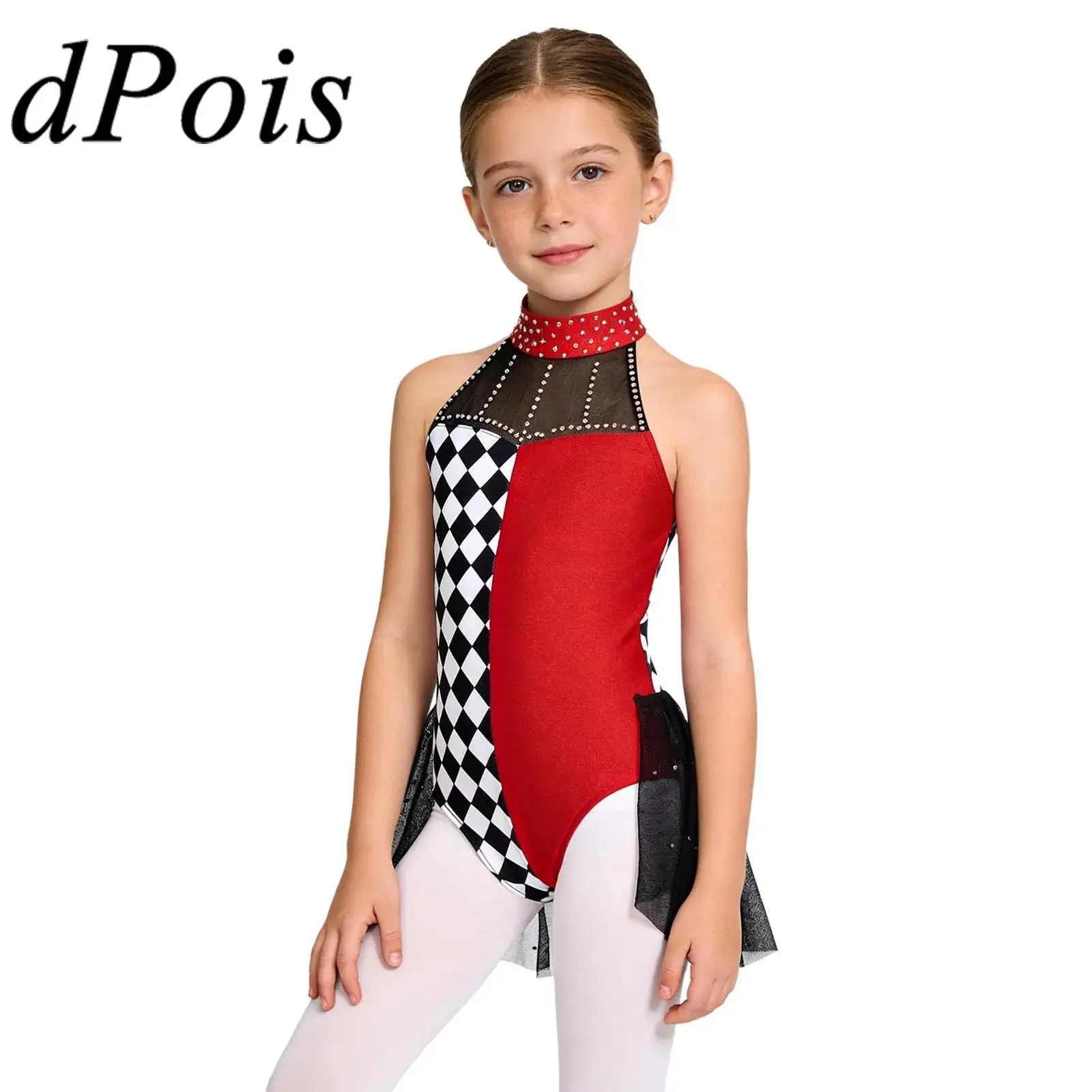 

Костюм клоуна для девочек, нарядное платье, лоскутное трико, карнавальный костюм для косплея, тематическое вечерние боди, комбинезон без рукавов с лямкой на шее, Хэллоуин