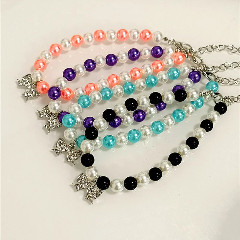 Bow Pendant Neck Jewelry For Small Dog Girl Adjustable Necklace Collar Mixed Color Pearl Harness Collar Pet Accessories Supplies