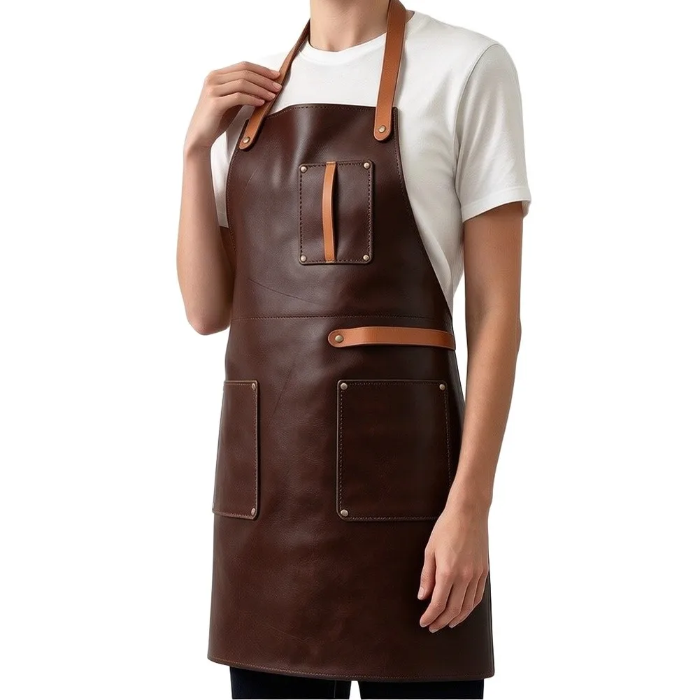 PU leather BBQ apron 86x65cm waterproof and stain resistant 3 pockets brown coffee black for kitchen and grilling purposes