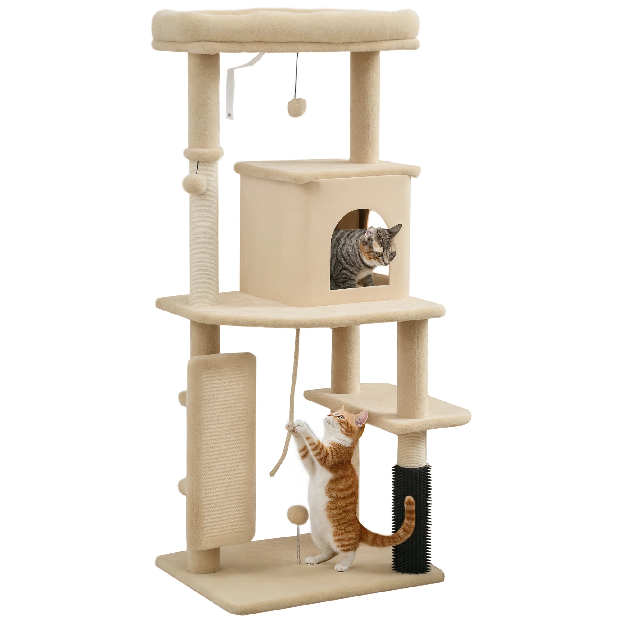 PawHut Árbol Rascador para Gatos 132 cm con Plataformas Poste con Cepillo Bolas Colgantes y Almohadilla para Rascar Beige