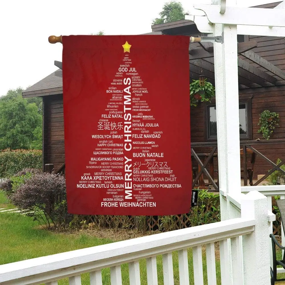 Moslion Tree House Flag Star Merry Christmas In Different Languages Garden Flags 28x40 Inch Double-Sided Welcome Yard Flag Home