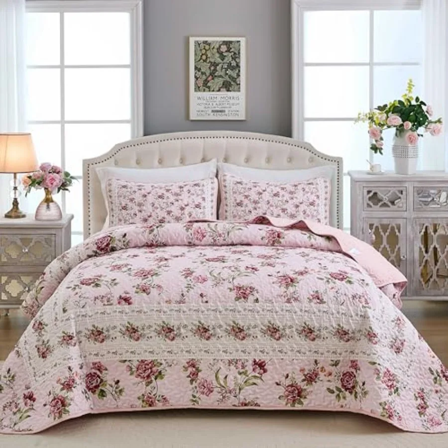 

Floral Quilt Set Queen Size 3PCs Antique Rose Bedspread Coverlet Set Lightweight Soft Microfiber Quilt Set with 2 Pillowcases f