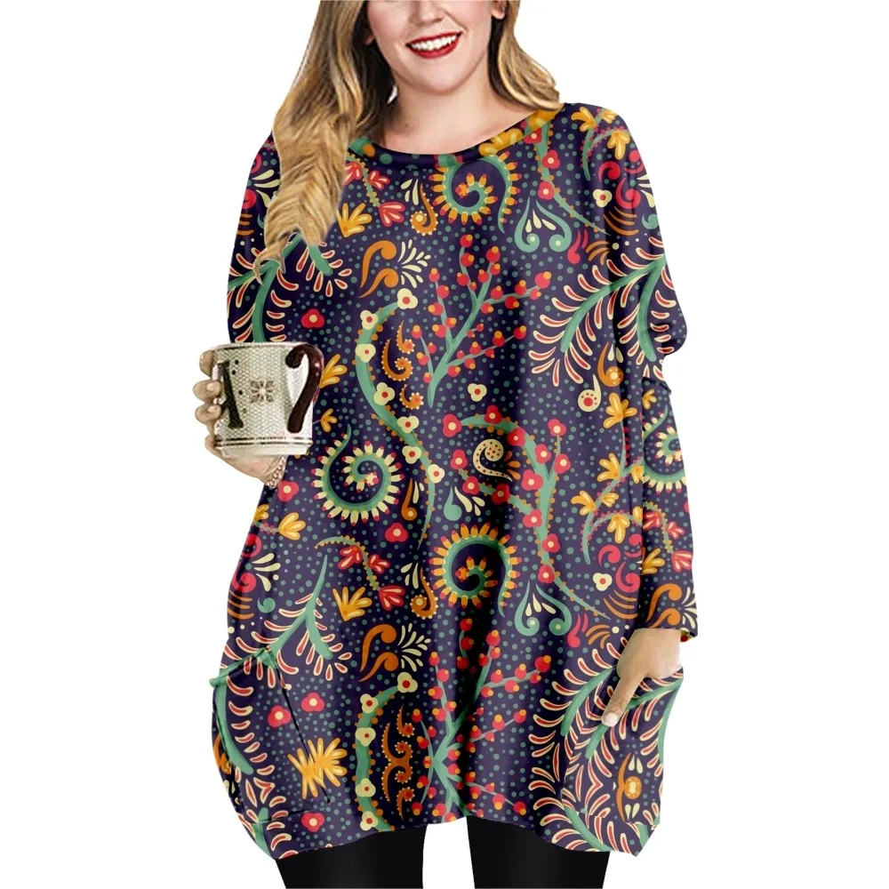 Vestido de manga larga con cuello redondo para mujer, ropa informal holgada con estampado bohemio, camiseta con doble bolsillo, para primavera y otoño