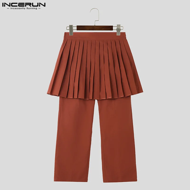 INCERUN 2024 American Style Men\'s Trousers Pleated Fake Two-piece Solid Skirt Pants Casual Street Male Hot Sale Pantalons S-5XL