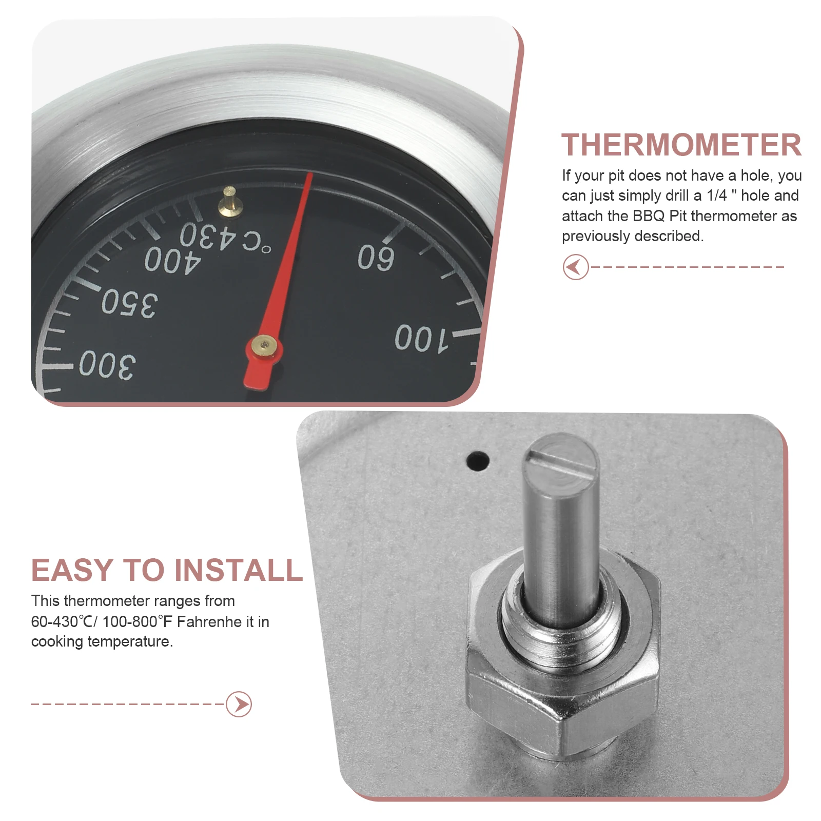 

Thermometer for Cooking Meat 7.6cm BBQ Grill Smoker Oven Temperature Gauge Digital Easy Install Stainless Steel Pit Thermostat