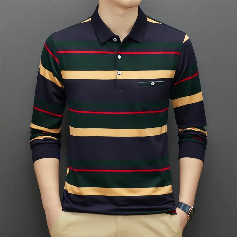 New Men\'s Casual Stripe Plaid Long Sleeve Polo Shirt Fashion Solid Polo Top