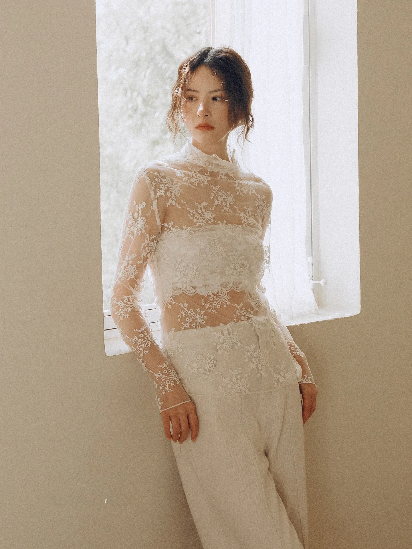 

Женский летний топ Lace Me Base с высоким воротником, белый, винтажный, свободного кроя, из дышащего хлопка, с длинными рукавами и кружевом