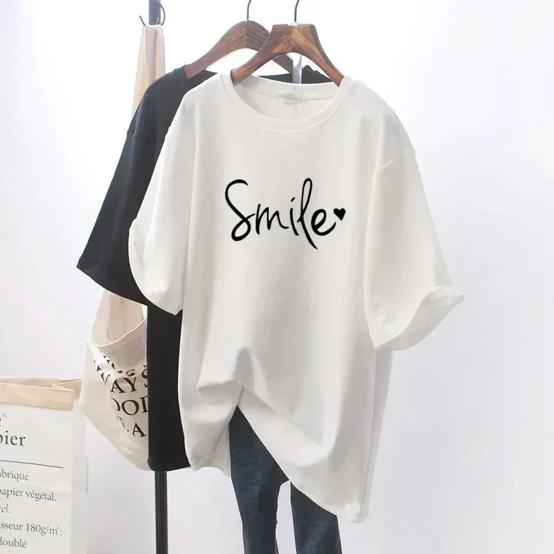

2025 Summer New Fashion Women's Letter Printed T-shirt Loose Large White Round Neck Fashion Trendy Top Womens T-shirt