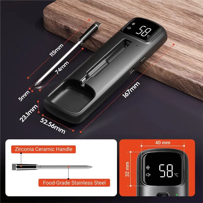 A01F-IP67 Waterproof Wireless Dual-Sensor Bluetooth Meat Thermometer For BBQ Smoker 28 Preset Temperature Readings