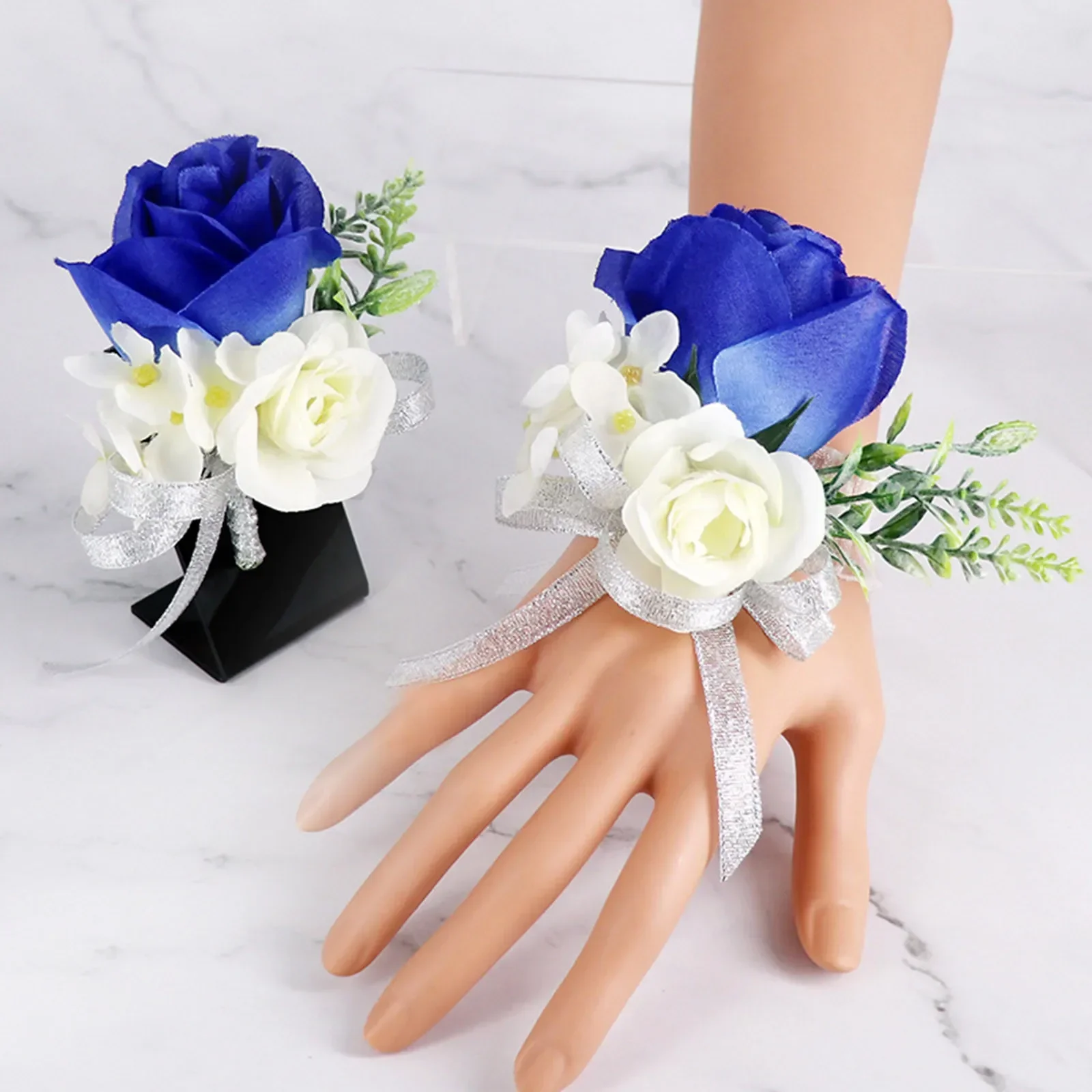 Flor de muñeca azul y ramillete, decoración de graduación, ramillete de rosas, conjunto de pulsera con ramillete de flores para boda, aniversario, fiesta de graduación