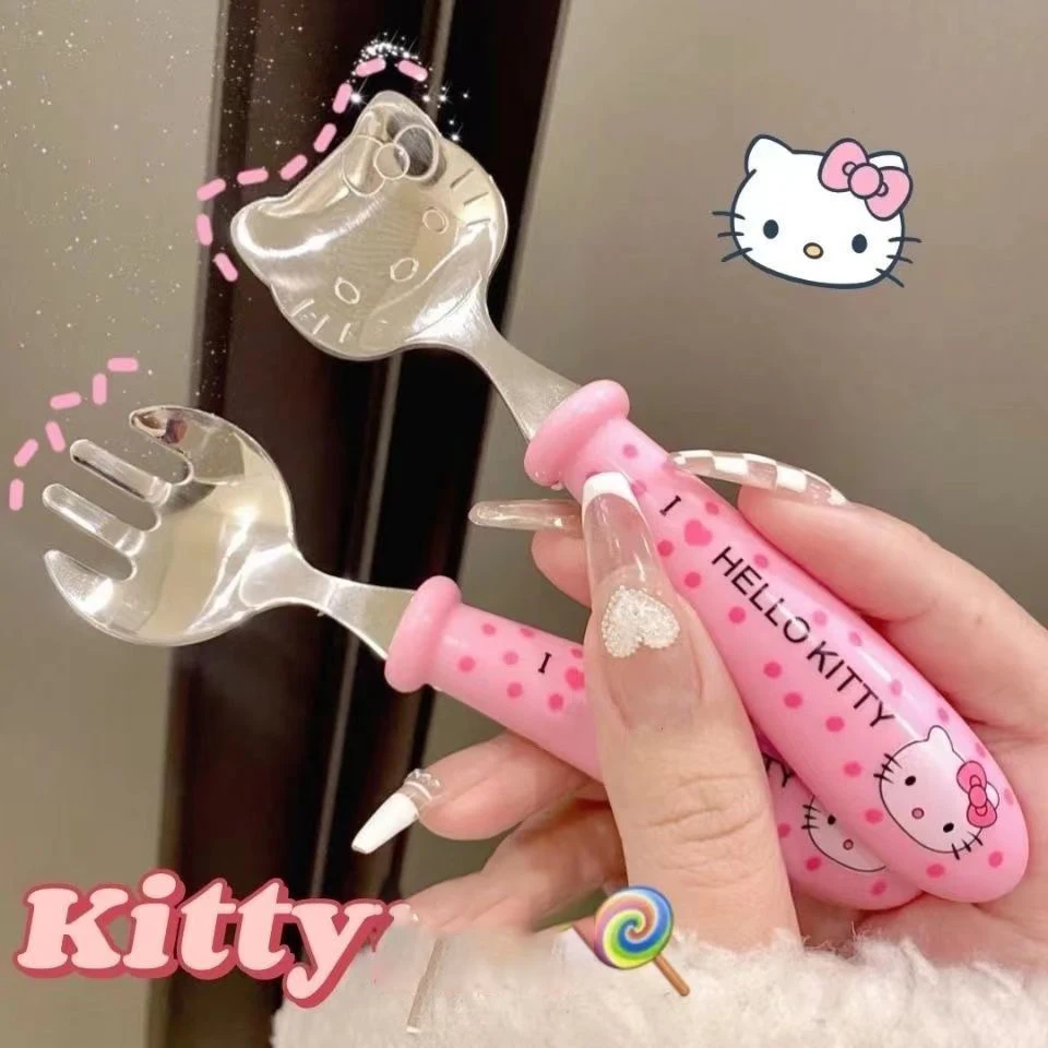 

Kawaii Anime Hello Kitty Spoon Fork Tableware Set Cute Cartoon Tableware Girl Student Portable Travel Box Y2K Toys for Gifts
