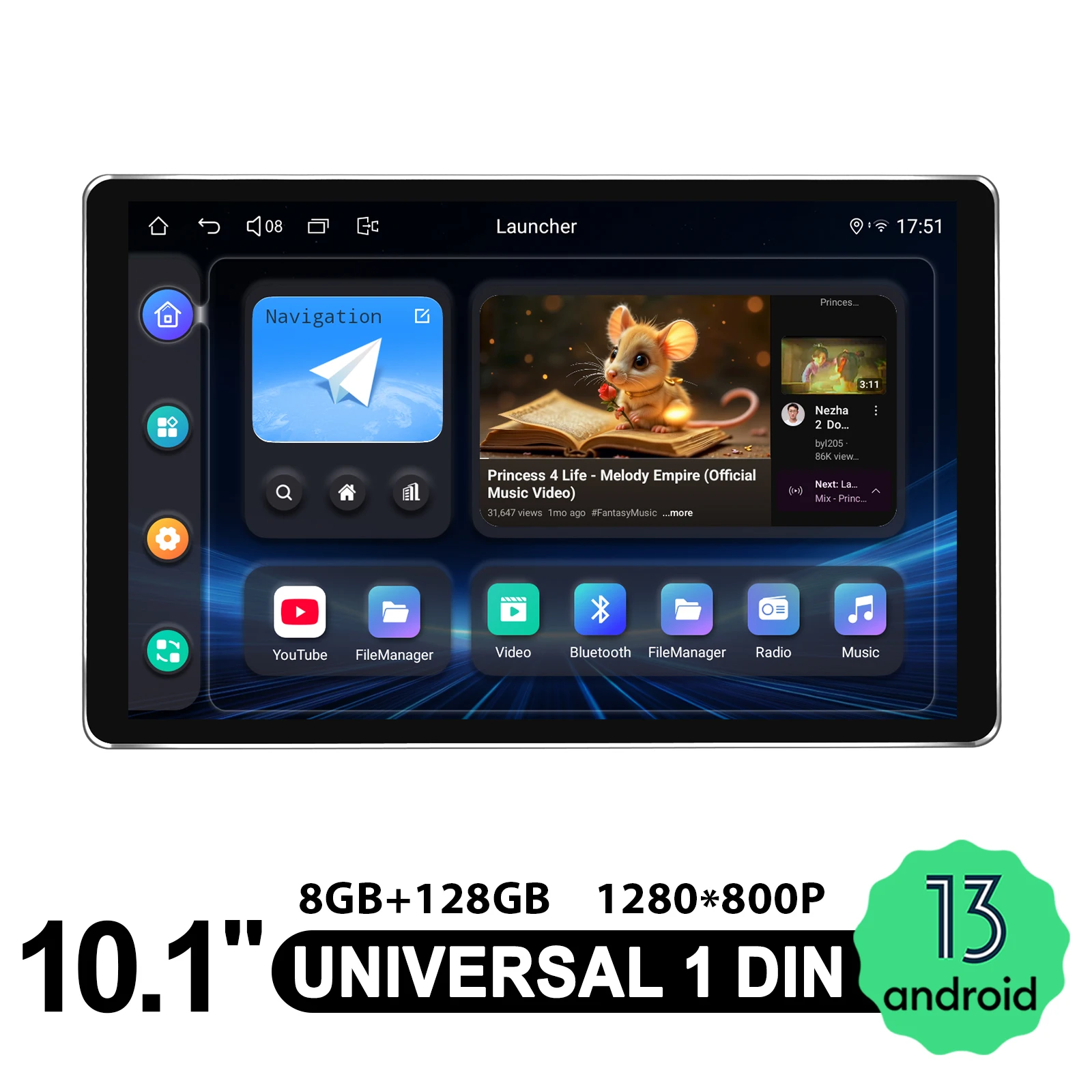 New Arrival 10.1 Inch Android 13.0 Car Radio Stereo 1280*800 HD Touchscreen CarPlay & Android Auto Single Din GPS Navigation