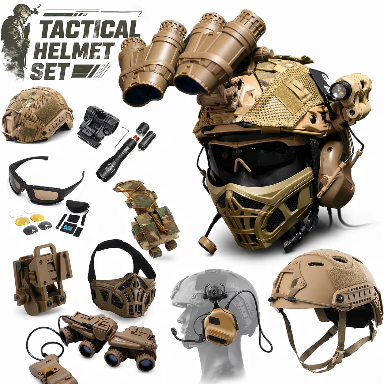 

CS Airsoft Helmet Set with Tactical Headset Night Vision Device Mask Goggles Flashlight Battery Pack Helmet Cover NVG Bracket