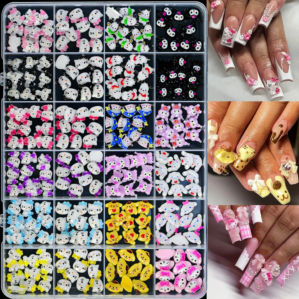 240/70pcs/Box Mixed Cute Hello Kitty Nail Charms Kawaii Cartoon Kuromi/Melody Kitty Cat Jewelry Accessories DIY Nail Art Decor