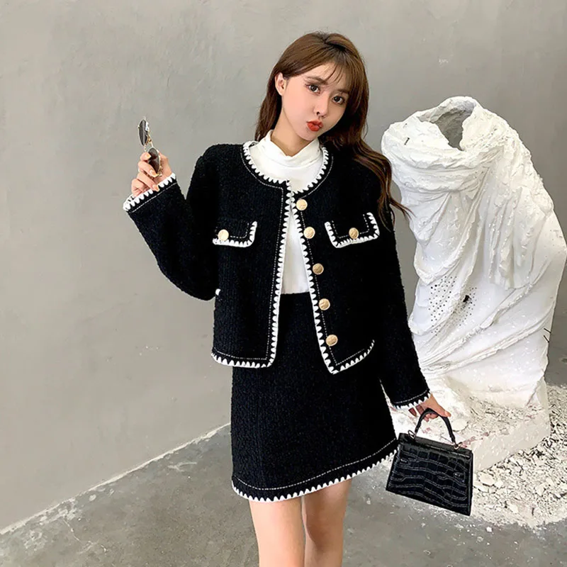 Vintage Skirts Two Piece Sets Womens Tweed Jackets Conjuntos Mini Faldas Outfits Korean Fashion Fall Winter Oversize 4xl Suits