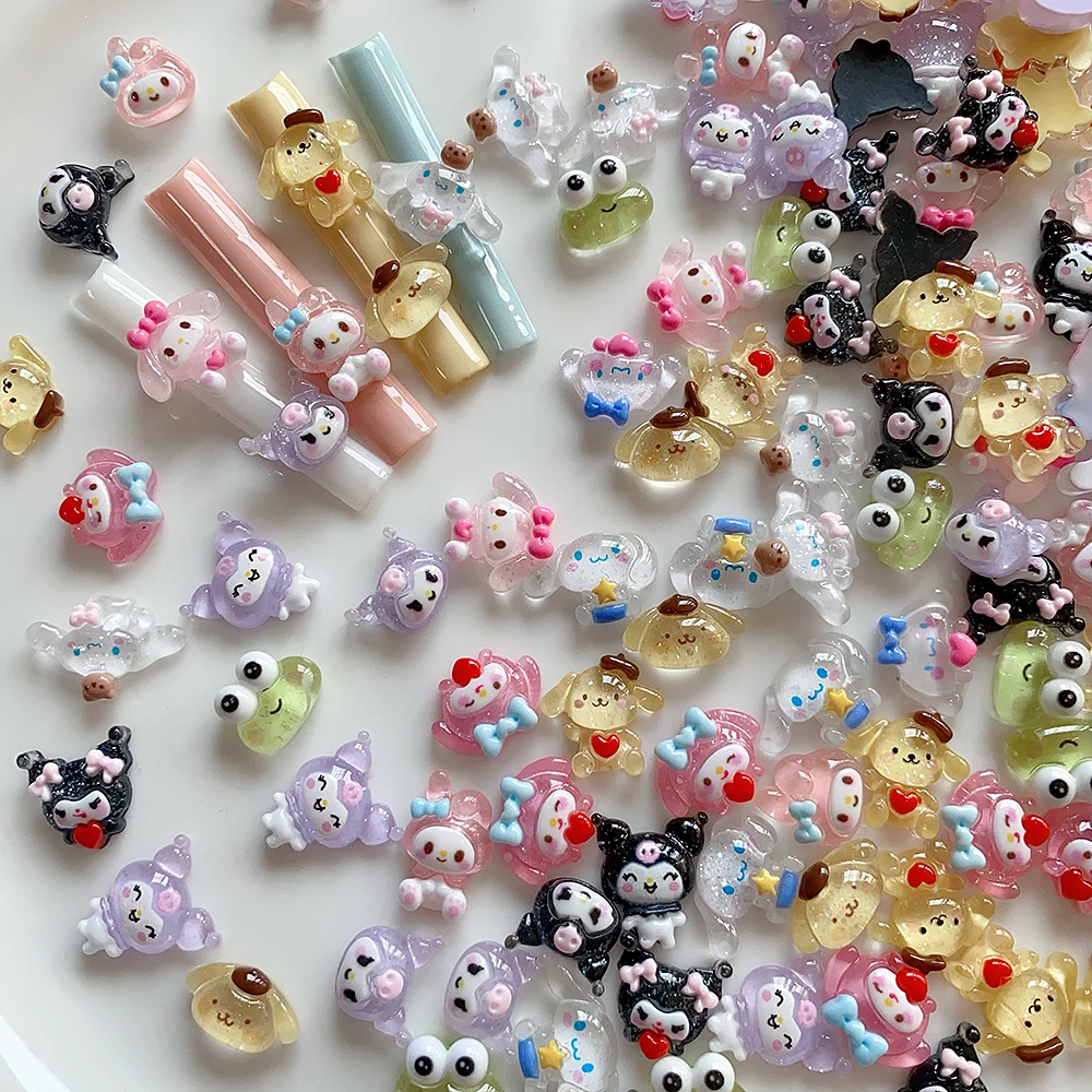 20pcs Cartoon Mixed Melody Kuromi Nail Charm Kawaii Pochacco Frog Nail Art Rhinestone Resin DIY Crafts Nail Art Decoration