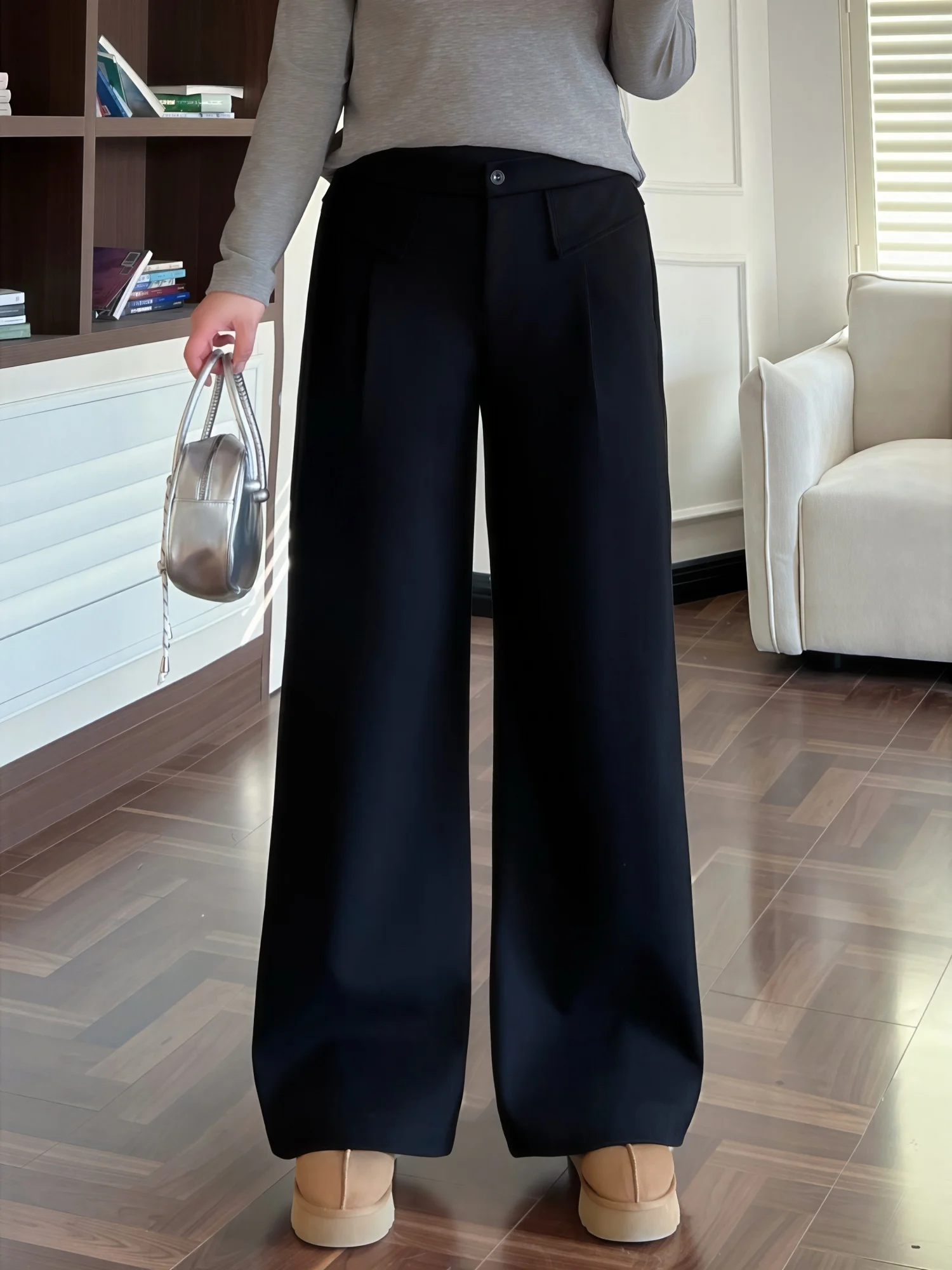 

Брюки с высокой талией, утолщенные, широкие, прямого кроя, модные, зимние, новинка, женская одежда больших размеров, для повседневной носки, из полиэстера