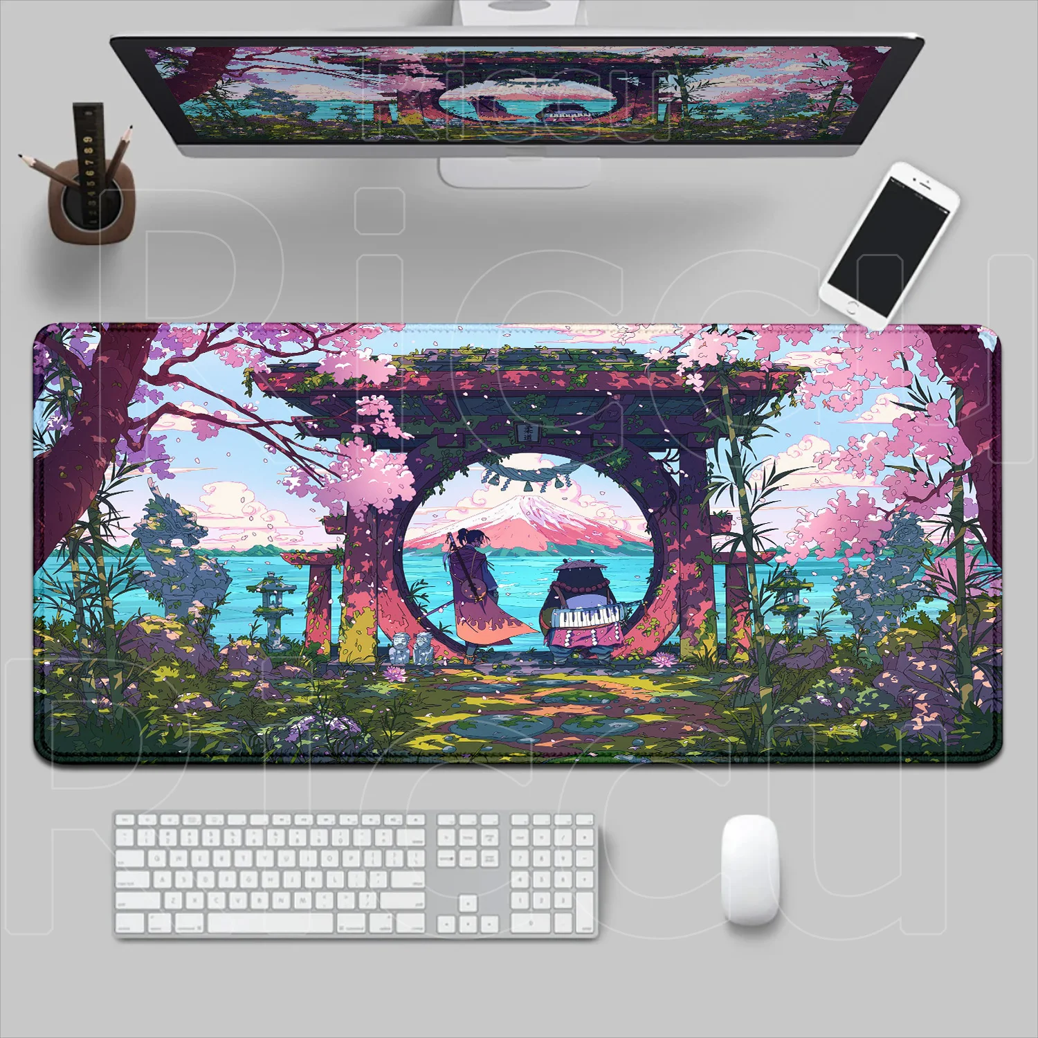 

HD Print Anime Samurai and Panda Mouse Pad XXL Purple Desk Mat Mousepad Large Gamer Deskmat with Lockedge Office Non-slip Carpet